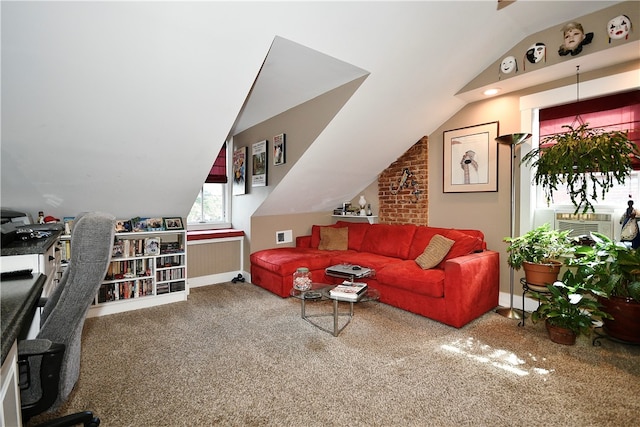 carpeted living room with cooling unit and vaulted ceiling