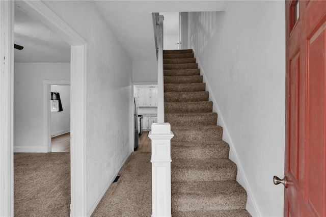 staircase featuring carpet