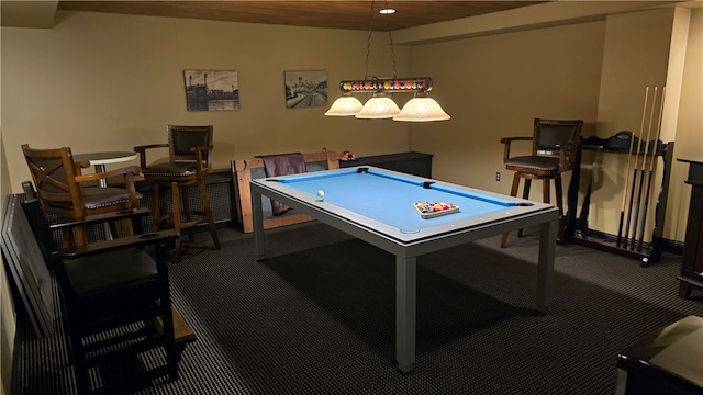 rec room with pool table and dark carpet