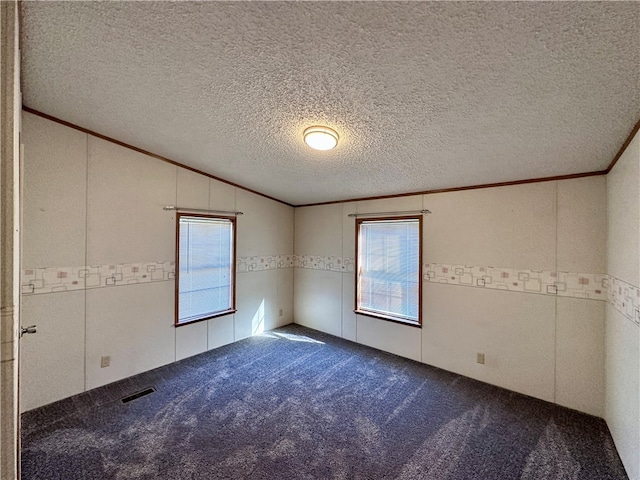 carpeted empty room with vaulted ceiling and a textured ceiling