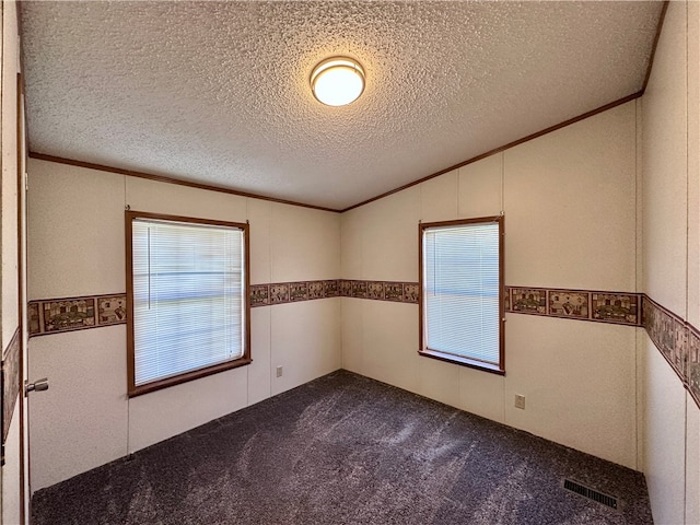 spare room with a textured ceiling, lofted ceiling, plenty of natural light, and dark colored carpet