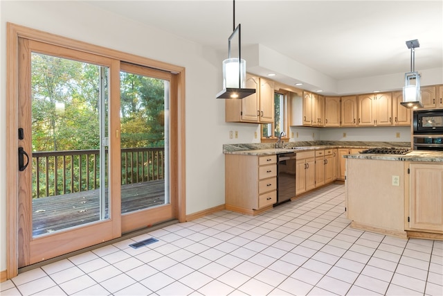 kitchen with light stone countertops, black appliances, hanging light fixtures, light tile patterned floors, and light brown cabinets