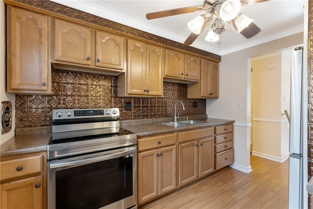 kitchen with light hardwood / wood-style floors, decorative backsplash, sink, crown molding, and stainless steel electric range oven