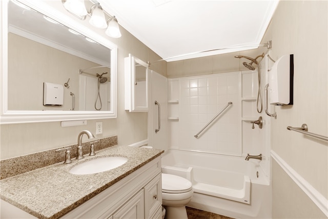 full bathroom with  shower combination, vanity, toilet, and crown molding