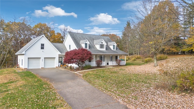 new england style home with a porch, a front lawn, and a garage