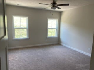 carpeted spare room featuring a wealth of natural light and ceiling fan