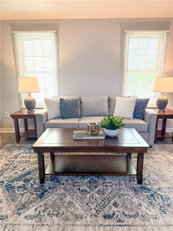 living room featuring plenty of natural light, baseboards, and wood finished floors
