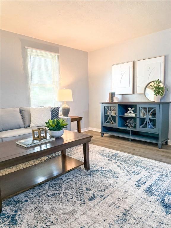 living area featuring wood finished floors and baseboards