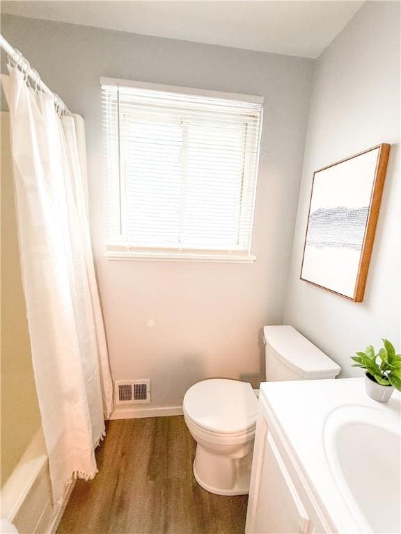 bathroom with wood finished floors, toilet, and vanity