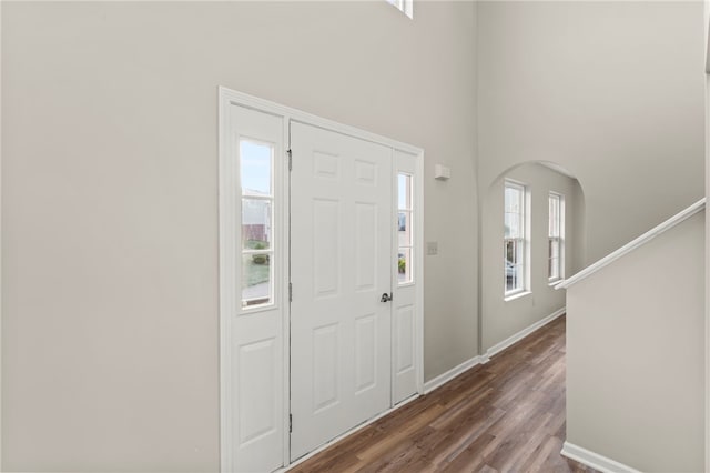 entryway with dark wood-type flooring and a towering ceiling