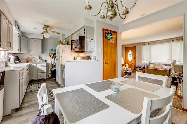 dining space featuring light hardwood / wood-style floors and ceiling fan with notable chandelier