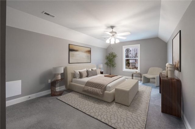 bedroom featuring ceiling fan, carpet, and lofted ceiling