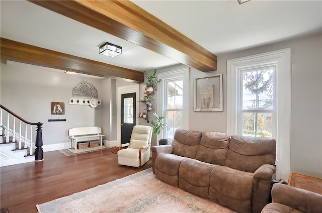 living room featuring beam ceiling and wood-type flooring