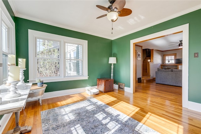 living area featuring hardwood / wood-style floors, ceiling fan, and crown molding