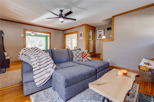 living room with ornamental molding, light hardwood / wood-style flooring, and ceiling fan