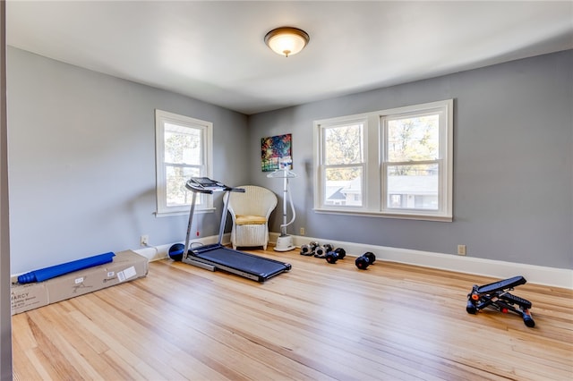 exercise room with hardwood / wood-style floors