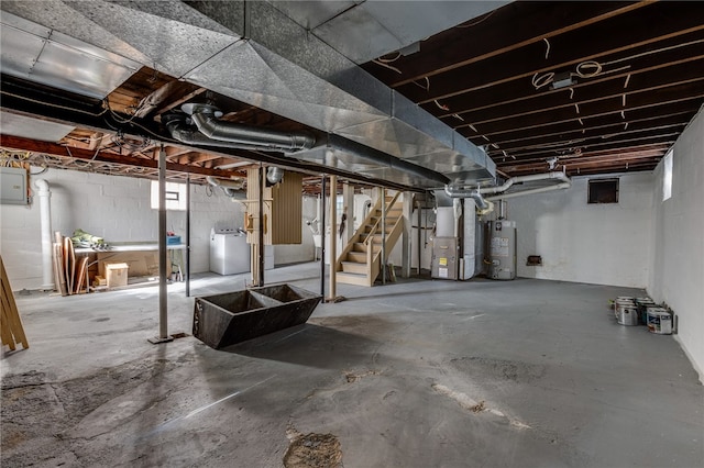 basement with electric panel, water heater, washer / clothes dryer, and heating unit