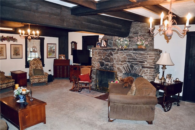 living room featuring a stone fireplace, beamed ceiling, and carpet