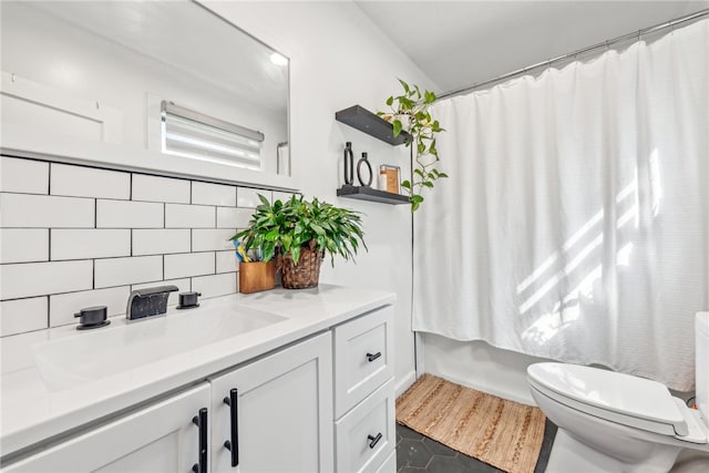 full bathroom with vanity, decorative backsplash, shower / tub combo with curtain, and toilet