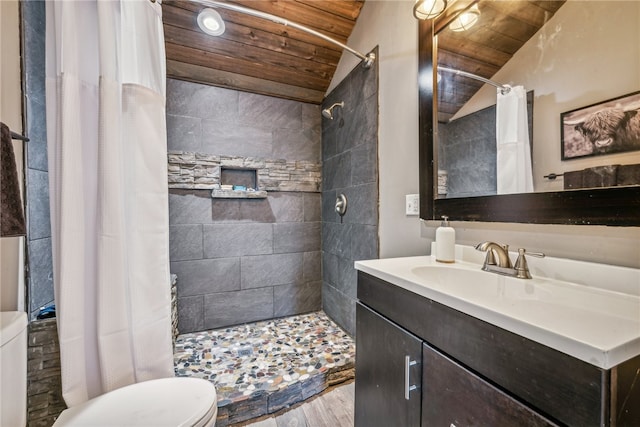 bathroom with toilet, walk in shower, wooden ceiling, and vaulted ceiling