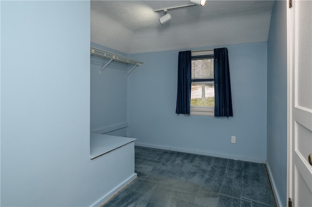 walk in closet featuring dark colored carpet