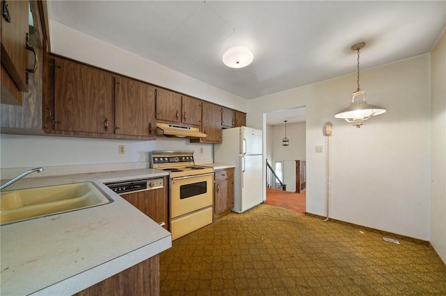 26 Petrak St, Fallowfield, PA 15022 - kitchen with white appliances, under cabinet range hood, a sink, light countertops, and decorative light fixtures