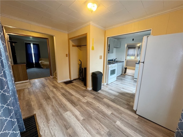 hall featuring light hardwood / wood-style flooring, ornamental molding, and sink