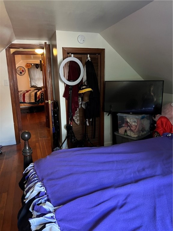 bedroom featuring dark wood-type flooring and lofted ceiling