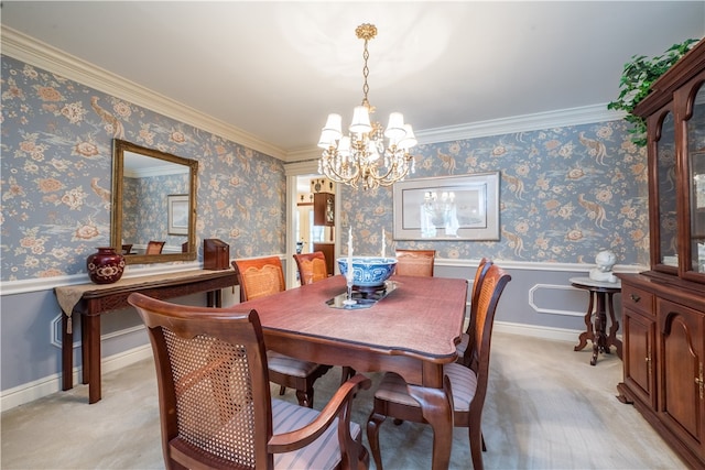 carpeted dining area featuring crown molding and a notable chandelier