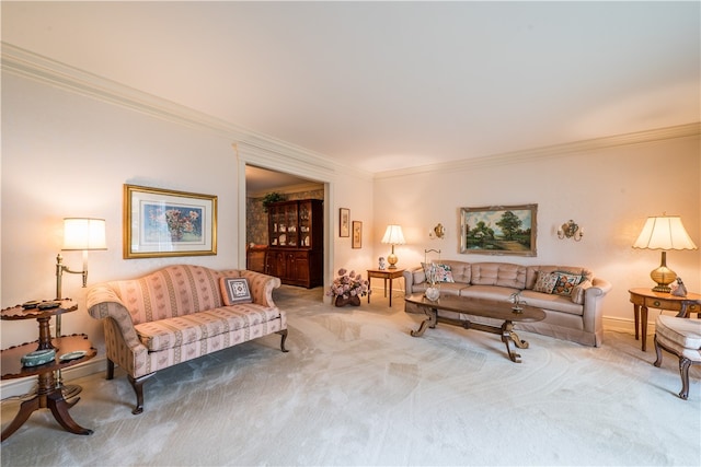 carpeted living room with crown molding