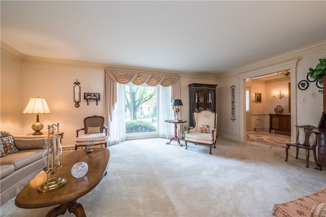 living room featuring ornamental molding and carpet flooring