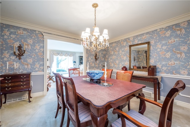 carpeted dining area with crown molding and a notable chandelier