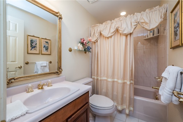 full bathroom with vanity, toilet, shower / tub combo, and tile patterned flooring