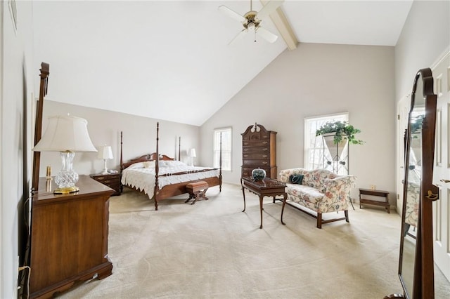 bedroom featuring a ceiling fan, high vaulted ceiling, beam ceiling, and light colored carpet