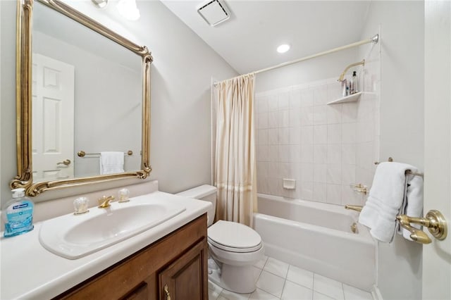 full bath with toilet, shower / tub combo, visible vents, vanity, and tile patterned floors