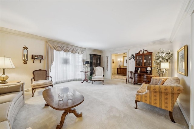 living area featuring light carpet and crown molding