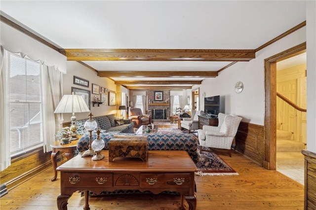 living area featuring light wood finished floors, wainscoting, beamed ceiling, crown molding, and a fireplace