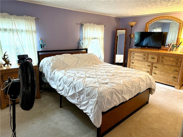 carpeted bedroom with a textured ceiling