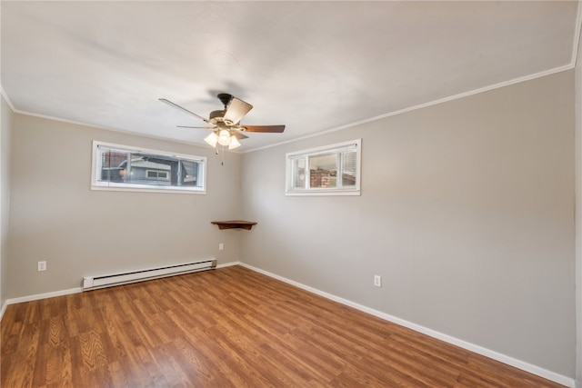 unfurnished room featuring a baseboard radiator, ornamental molding, hardwood / wood-style flooring, and ceiling fan