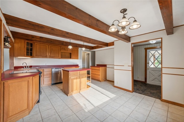 kitchen with light tile patterned floors, dishwasher, beamed ceiling, pendant lighting, and a center island