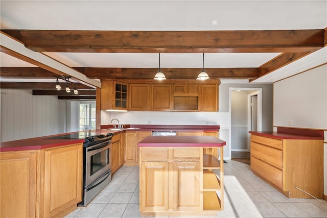 kitchen featuring beamed ceiling, kitchen peninsula, stainless steel range with electric cooktop, and light tile patterned floors