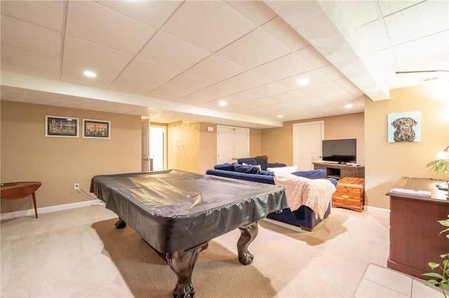 playroom featuring a paneled ceiling, light carpet, and billiards