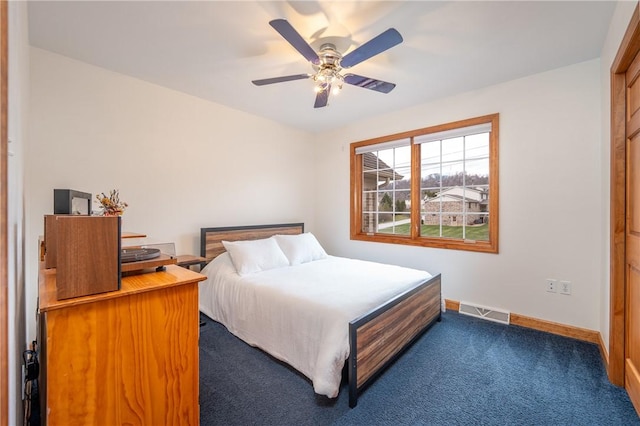 bedroom with ceiling fan and dark carpet