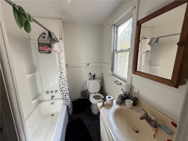 full bathroom with vanity, toilet, and shower / bathtub combination with curtain