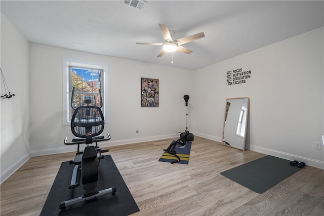 workout area featuring ceiling fan and light wood-type flooring