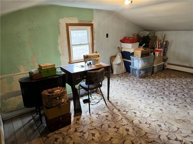 interior space featuring a baseboard radiator, vaulted ceiling, and light wood-type flooring