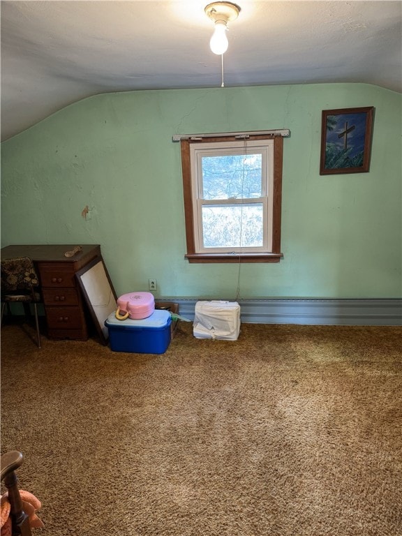 interior space with carpet and vaulted ceiling