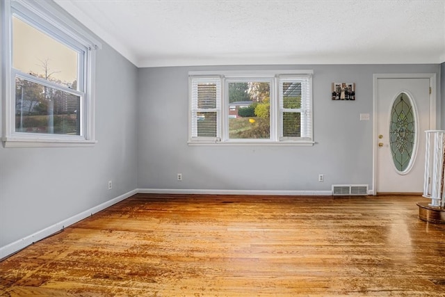 entrance foyer with hardwood / wood-style flooring, plenty of natural light, and a textured ceiling