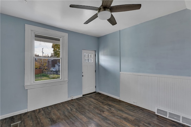 entryway featuring ceiling fan and dark hardwood / wood-style flooring