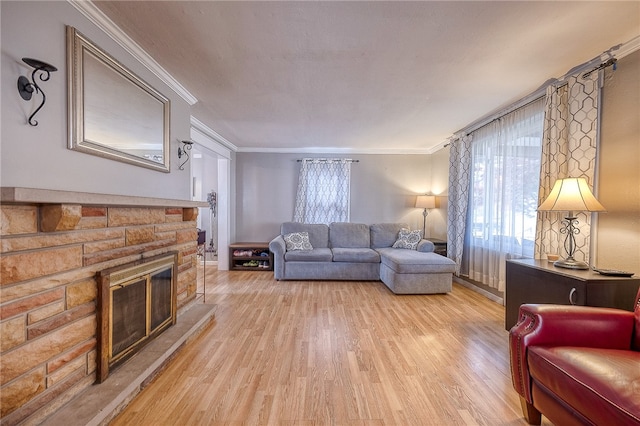 living room with ornamental molding, a fireplace, and wood-type flooring